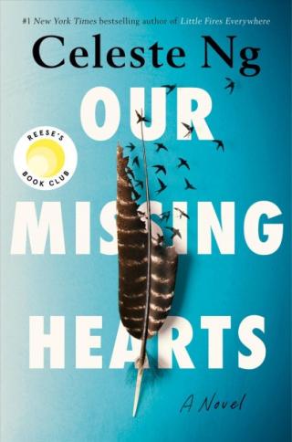 Book cover for our missing hearts by celeste ng blue background with feather on text