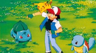 animated pokemon characters including boy and three creatures playing outside on grass