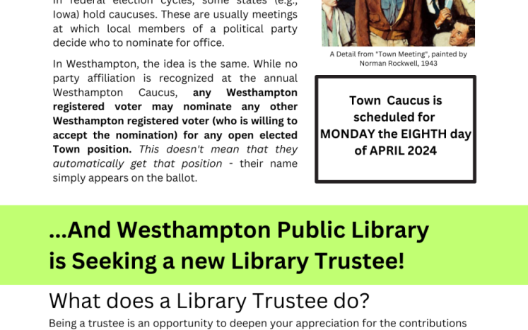 flyer about town caucus and what a library trustee does